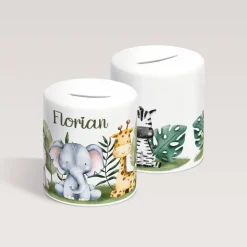 Personalisierte Spardose *Dschungeltiere* aus Keramik mit Name für Kinder / Geschenk für Einschulung, Geburt und Taufe