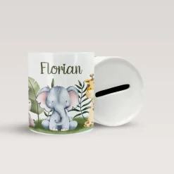 Personalisierte Spardose *Dschungeltiere* aus Keramik mit Name für Kinder / Geschenk für Einschulung, Geburt und Taufe