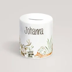 Personalisierte Spardose *Waldfreunde* aus Keramik mit Name für Kinder / Geschenk zur Einschulung, Geburt und Taufe