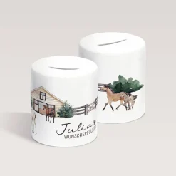 Personalisierte Spardose *Pferdehof* aus Keramik mit Name für Kinder / Geschenk für Einschulung, Geburt und Taufe