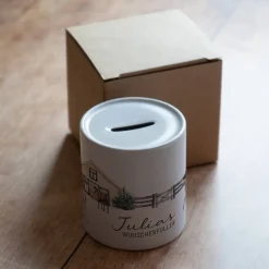 Personalisierte Spardose *Pferdehof* aus Keramik mit Name für Kinder / Geschenk für Einschulung, Geburt und Taufe