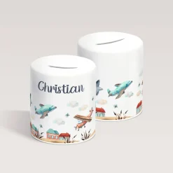 Personalisierte Spardose *Airplanes* aus Keramik mit Name für Kinder / Geschenk zur Einschulung, Geburt und Taufe