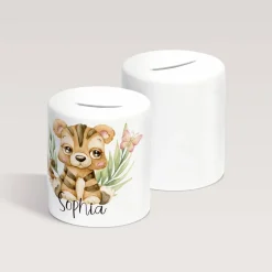 Personalisierte Spardose *Safari Tiere - Tiger* aus Keramik mit Name / Geschenk für Kinder zur Einschulung