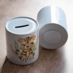 Personalisierte Spardose *Safari Tiere - Tiger* aus Keramik mit Name / Geschenk für Kinder zur Einschulung