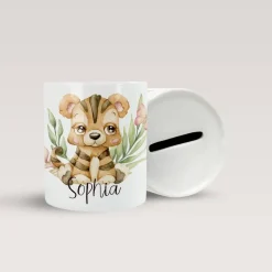 Personalisierte Spardose *Safari Tiere - Tiger* aus Keramik mit Name / Geschenk für Kinder zur Einschulung
