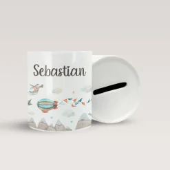Personalisierte Spardose *Aircraft* aus Keramik mit Name für Kinder / Geschenk für Einschulung, Geburt und Taufe