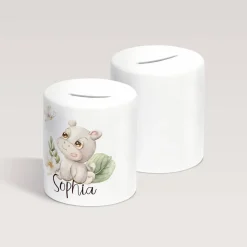 Personalisierte Spardose *Safari Tiere - Nilpferd* aus Keramik mit Name / Geschenk für Kinder zur Einschulung