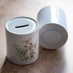 Personalisierte Spardose *Safari Tiere - Zebra* aus Keramik mit Name / Geschenk für Kinder zur Einschulung