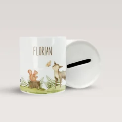 Personalisierte Spardose *Waldtiere* aus Keramik mit Name für Kinder / Geschenk für Einschulung, Geburt und Taufe
