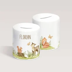 Personalisierte Spardose *Waldtiere* aus Keramik mit Name für Kinder / Geschenk für Einschulung, Geburt und Taufe