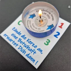 Personalisierte Teelichter als Gastgeschenke zur Einschulung – Danke sagen mit versteckter Botschaft