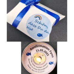 Personalisierte Teelichter als Gastgeschenke zur Kommunion – Mit versteckter Botschaft & Spruch