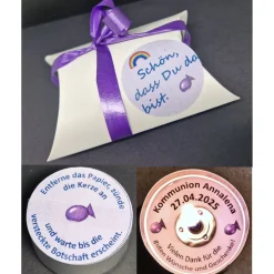 Personalisierte Teelichter als Gastgeschenke zur Kommunion – Mit versteckter Botschaft & Spruch