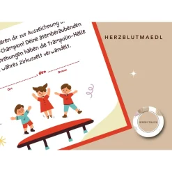 Personalisierte Urkunde für Kindergeburtstag - Trampolin-Thema | Mitgebsel | Selbstausdruck | Digitale Datei | A4 | Mitg