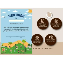 Personalisierte Urkunde zum Ausdrucken - Geburtstag im Zoo für Kinder mit Tiermotiven | DIN A4 Schulausflug in den Zoo B