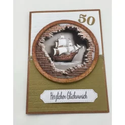 Personalisierte Vintage Geburtstagskarte Piratenschiff – Maskulin, 3D, Wunschzahl, Handgemacht