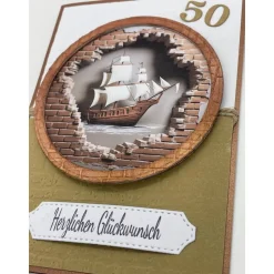 Personalisierte Vintage Geburtstagskarte Piratenschiff – Maskulin, 3D, Wunschzahl, Handgemacht