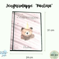 Personalisierte Zeugnismappe mit Name, rosa mit Bärchen, Geschenk Einschulung, Schulkind, Zeugnisordner, Schulstart, Map