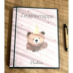 Personalisierte Zeugnismappe mit Name, rosa mit Bärchen, Geschenk Einschulung, Schulkind, Zeugnisordner, Schulstart, Map