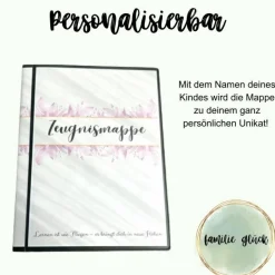Personalisierte Zeugnismappe mit Name, floral rosa, Geschenk Einschulung, Schulkind, Zeugnisordner, Schulstart, Mappe