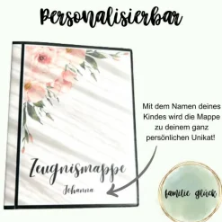 Personalisierte Zeugnismappe mit Name, Rosen Design, Geschenk Einschulung, Schulkind, Zeugnisordner, Schulstart, Mappe