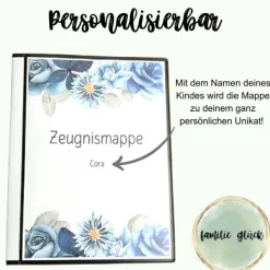 Personalisierte Zeugnismappe mit Name, florales blau, Geschenk Einschulung, Schulkind, Zeugnisordner, Schulstart, Mappe