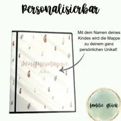 Personalisierte Zeugnismappe mit Name, Federdesign, Geschenk Einschulung, Schulkind, Zeugnisordner, Schulstart, Mappe