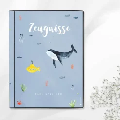 Personalisierte Zeugnismappe "Delphin", Geschenk zur Einschulung & Schulstart, A4 Sichtbuch mit Namen