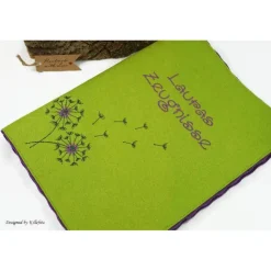 Personalisierte Zeugnismappe aus lila Filz mit Pusteblume – Geschenk zur Einschulung Mädchen
