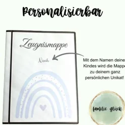 Personalisierte Zeugnismappe, blauer Regenbogen, Geschenk Einschulung, Schulkind, Zeugnisordner, Schulstart, Mappe