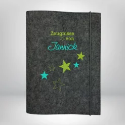 Personalisierte Zeugnismappe aus Filz mit Name & Sternen – Sichtbuch von Leitz – Farbwahl – Geschenk zur Einschulung & Schulabschluss