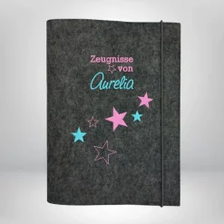 Personalisierte Zeugnismappe aus Filz mit Name & Sternen – Sichtbuch von Leitz – Farbwahl – Geschenk zur Einschulung & Schulabschluss