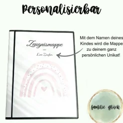 Personalisierte Zeugnismappe mit Name, Rosa, Geschenk Einschulung, Schulkind, Zeugnisordner, Schulstart, Mappe