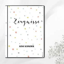Personalisierte Zeugnismappe "Konfetti", Geschenk zur Einschulung, A4 Sichtbuch mit Namen
