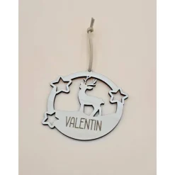 Personalisierter Anhänger für Weihnachtsbaum und Geschenke Reh mit Sternen Holzanhänger Christbaum Tannenbaum mit Name