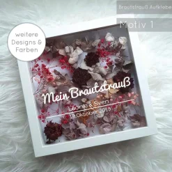 Personalisierter Brautstrauß im weißen Bilderrahmen – Einzigartige Hochzeitserinnerung 27x27x6 cm Motiv 1-8