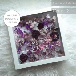 Personalisierter Brautstrauß im weißen Bilderrahmen – Einzigartige Hochzeitserinnerung 27x27x6 cm Motiv 1-8