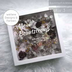 Personalisierter Brautstrauß im weißen Bilderrahmen – Einzigartige Hochzeitserinnerung 27x27x6 cm Motiv 1-8