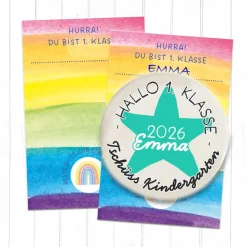 Personalisierter Button Tschüss Kindergarten 2026 | Wunschname & Stern | 9 Farben | 38/59mm