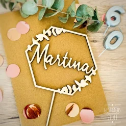 Personalisierter Cake Topper Holz Hexagon Eukalyptus "Name", Geburtstag/Hochzeit/Taufe/Kommunion/Konfirmation