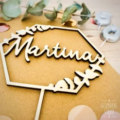 Personalisierter Cake Topper Holz Hexagon Eukalyptus 