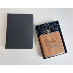 Personalisierter Flachmann "Bester Papa" aus Edelstahl & Holz – Geschenkbox – 170 ml – Gravur nach Wunsch