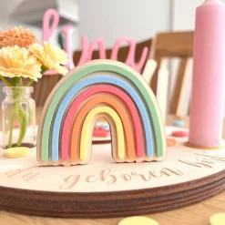 Personalisierter Geburtstagsteller bunt mit Wimpelkette und Regenbogen