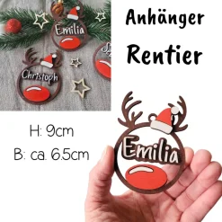 Personalisierter Holzanhänger Rentier mit Namen | Weihnachtsanhänger aus Holz | Christbaumschmuck & Geschenkanhänger