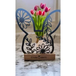 Personalisierter Osteraufsteller Line Art | Osterhase & Ei Deko modern | Osterdeko Holzfuß | Individuelles Ostergeschenk