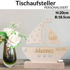 Personalisierter Tischaufsteller zur Taufe Boot Geschenk Dekoration Holz Deko Aufsteller