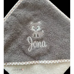 personalisiertes besticktes Babyset,  Kapuzenhandtuch und großes Lätzchen mit süßem Fuchs und Namen, Geschenkidee Geburt