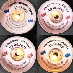 Personalisiertes Gastgeschenk zur Kommunion & Konfirmation – Teelicht mit Botschaft, Glashalter & Geschenkbox