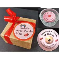 Personalisiertes Gastgeschenk zur Kommunion & Konfirmation – Teelicht mit Botschaft, Glashalter & Geschenkbox
