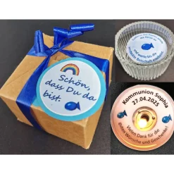 Personalisiertes Gastgeschenk zur Kommunion & Konfirmation – Teelicht mit Botschaft, Glashalter & Geschenkbox